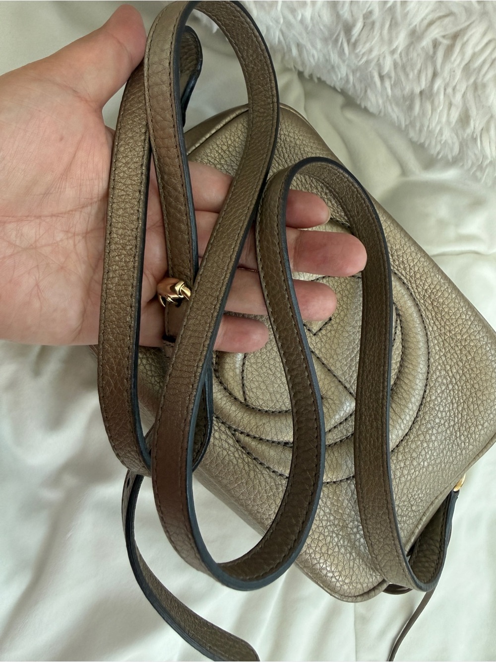 Gucci Soho Disco Small Leather Crossbody Bag Metallic Beige/Champagne Gold DustB - Picture 15 of 17